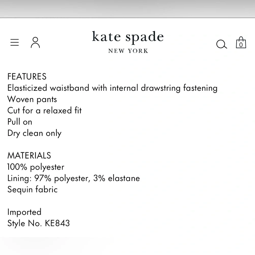 Kate Spade Sequin Straight Leg Pants size XS KE843